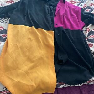 Colorblock Button-Up Blouse in Black, Mustard & Magenta